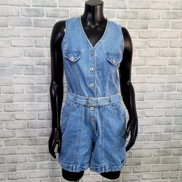 Vintage 90s Xhilartion Size‎ S/M Medium Wash Denim Sleeveless Romper W/ Belt - Picture 1 of 7